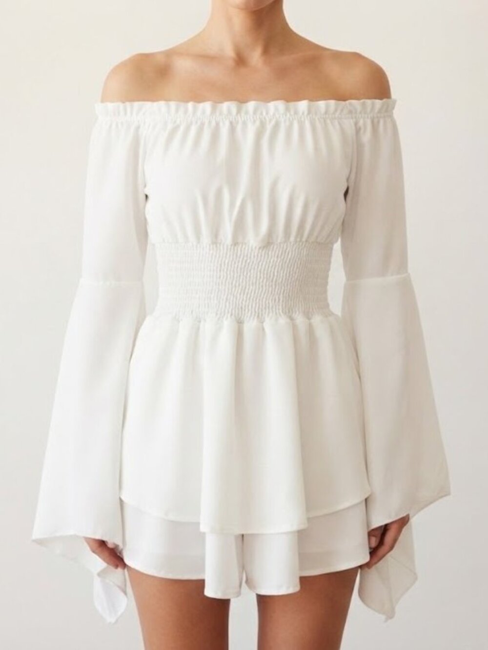 White Off-Shoulder Smocked Waist Romper - Renaissance Halloween Costume